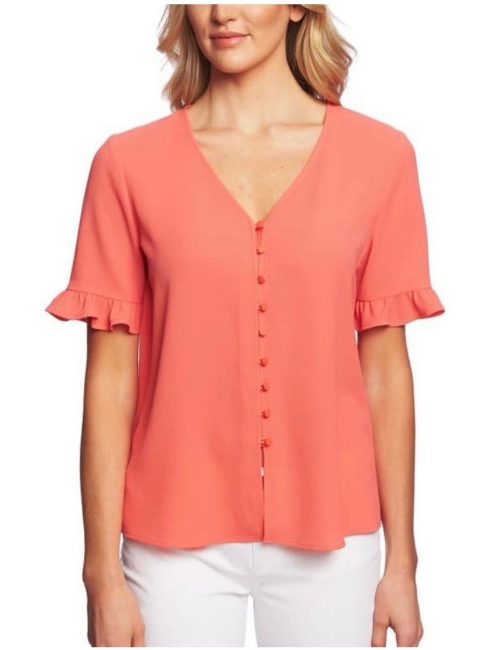 CeCe Coral Button-Front V-Neck Blouse with Ruffle Short Sleeves Size Small